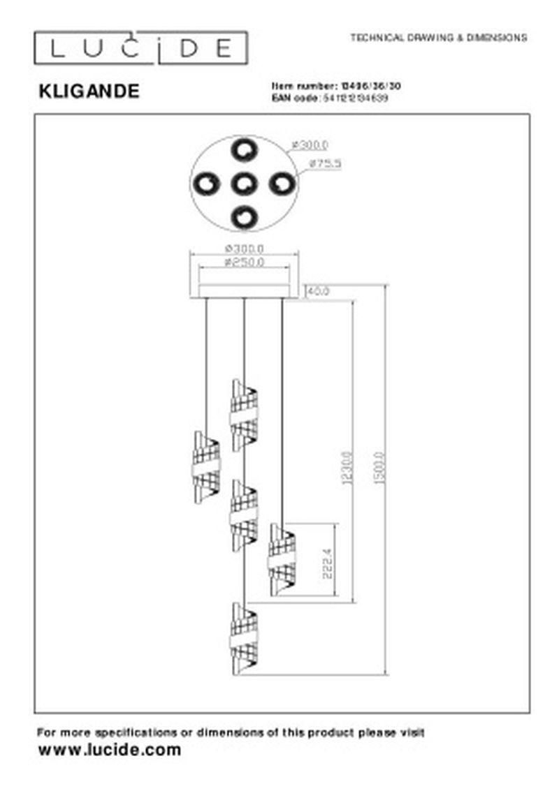 Lucide KLIGANDE - Závesné svietidlo - Ø 30 cm - LED Rozm. - 5x8W 2700K - Čierna